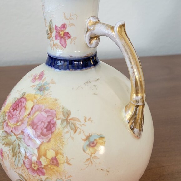 Antique Floral Porcelain Pitcher Vase | Jersey Pottery England | Gilt Handle - Picture 3 of 12